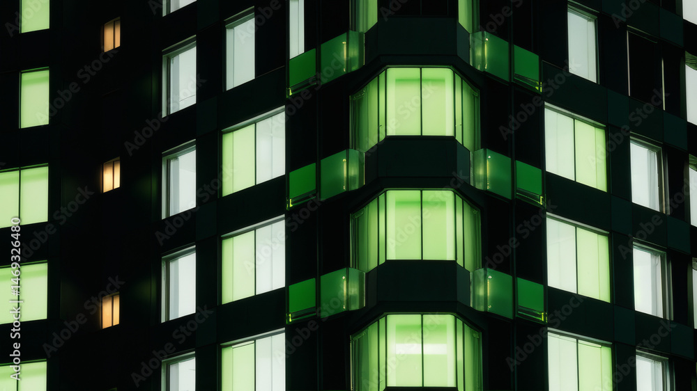 Obraz premium Modern Building Facade with Green Illuminated Windows at Night