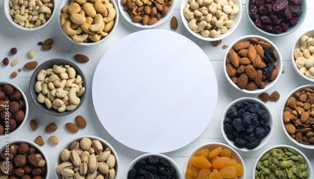 Assorted Nuts and Dried Fruits in Bowls Healthy Snack Food Top View Assorted Nuts and Dried Fruits in Bowls Healthy Snack Food Top View