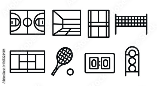 Sports court outline icons set – linear, athletic, game venue symbols