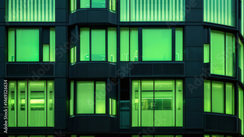 Wallpaper Mural Modern Building Facade with Green Illuminated Windows at Night Torontodigital.ca