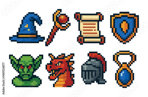 Fantasy and adventure icons set - pixel art, outline, medieval and magic symbols