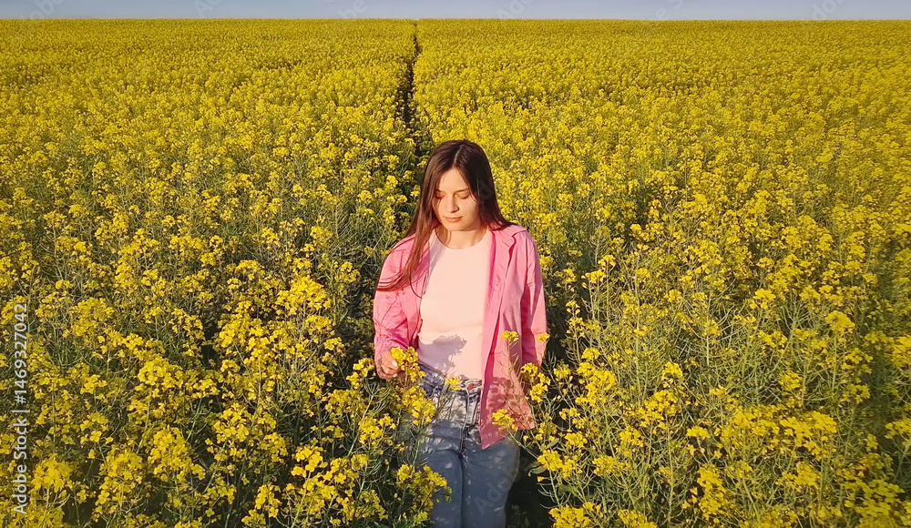 Fototapeta premium Aesthetic young woman walks a footpath across the rapeseed field with beautiful yellow flowers. Girl touches gently the blooms with her hands on a stroll under the clear blue sky