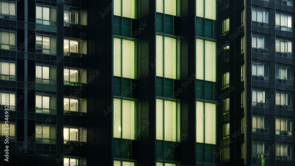Obraz premium Modern Building Facade with Green Illuminated Windows at Night