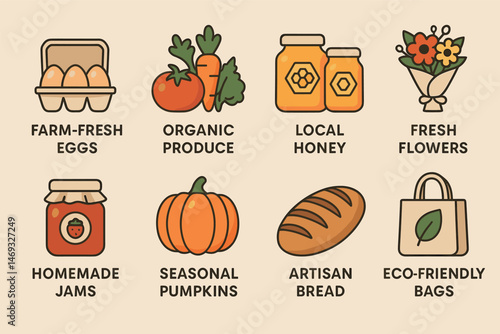 Farmers market icons set – flat, filled, organic food and fresh produce symbols