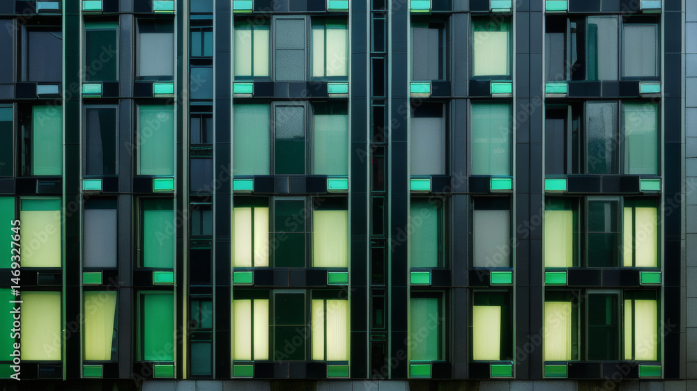 Obraz premium Modern Building Facade with Green Illuminated Windows at Night