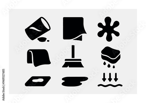 Cleaning essentials silhouette icons set – solid, housework and hygiene symbols