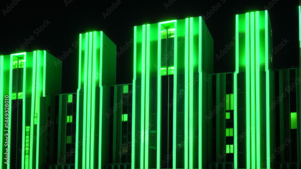 Fototapeta premium Modern Building Facade with Green Illuminated Windows at Night