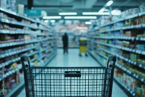 Empty shopping cart in a grocery store aisle.  Blurred shoppers, shelves stocked with food products, and fluorescent lighting