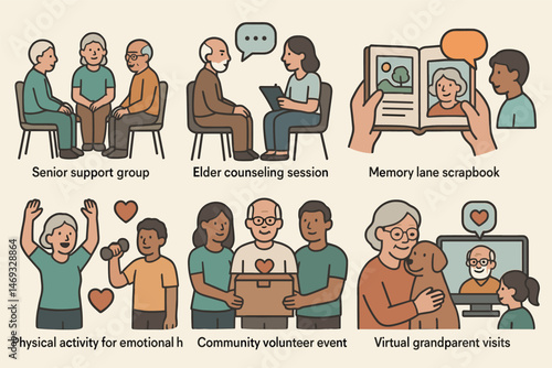 Senior support group icons set – flat, elder care, community activity symbols