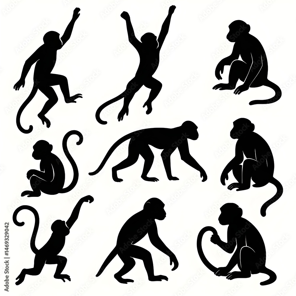 Obraz premium Playful Monkey Silhouettes in Jungle, Vector Climbing, Swinging, Sitting, Tail Holding - Black on White Background