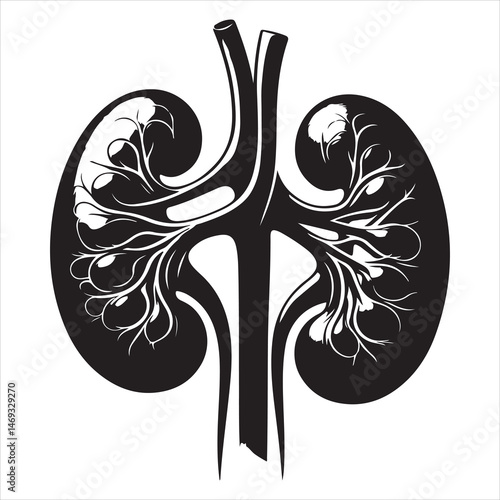 Black silhouette of two human kidneys with veins and arteries, anatomically detailed on a white background 