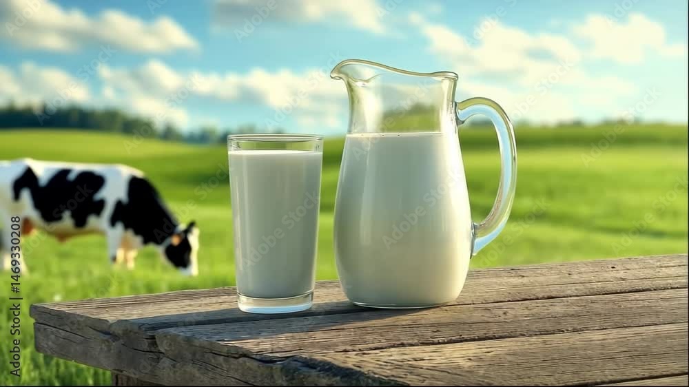 Glass of milk and milk jug on wooden table against farm field with cow Glass of milk and milk jug on wooden table against farm field with cow