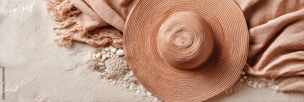 Floppy Sunhat Resting on a Towel Surrounded by Soft Sand and Seashells on a Sunny Beach Day Generative AI