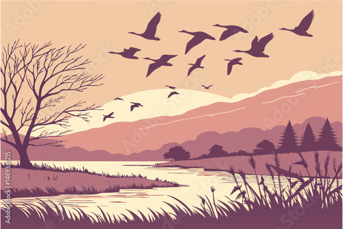85 birds flying over water at sunset, flock of geese against colorful sky, dramatic silhouetted waterfowl in scenic landscape, dramatic avian flight composition, nature wildlife scene, ethereal atmosp