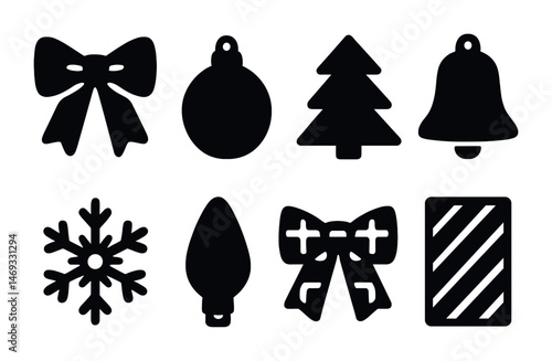Christmas silhouette icons set – solid, festive, holiday decoration symbols