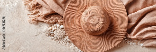 Obraz na płótnie Floppy Sunhat Resting on a Towel Surrounded by Soft Sand and Seashells on a Sunny Beach Day Generative AI w salonie