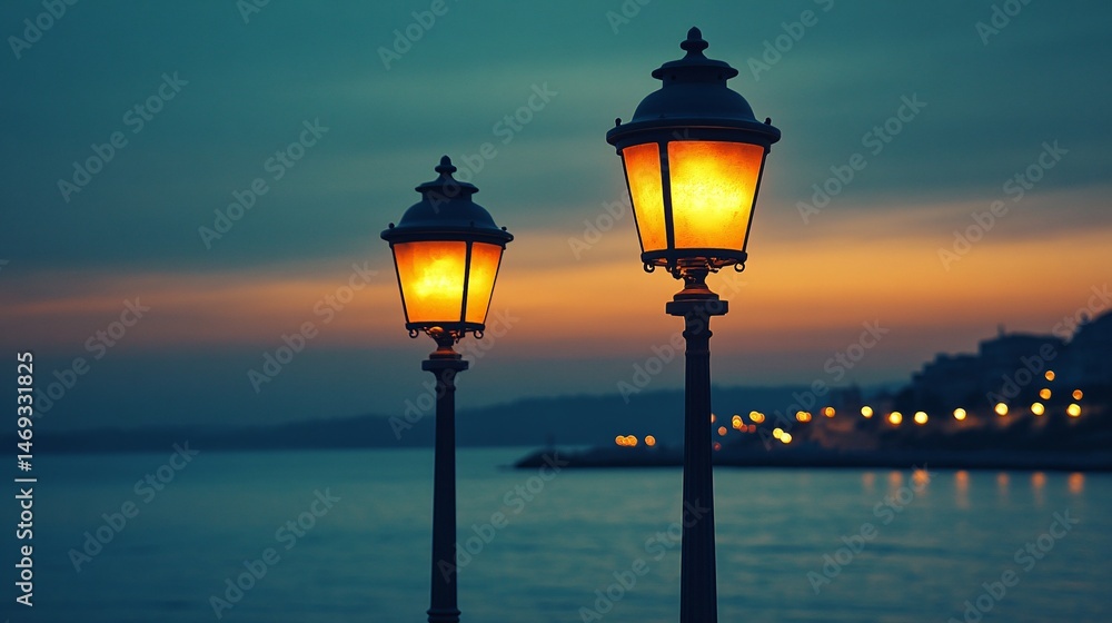 soft street lamps by the seaside background soft street lamps by the seaside background