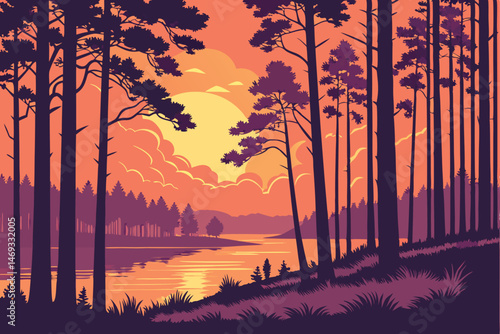 86 landscape, forest, lake, sunset, reflection, trees, sky, clouds, dramatic lighting, digital art, photorealistic