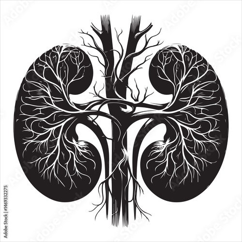 Black silhouette of two human kidneys with veins and arteries, anatomically detailed on a white background 