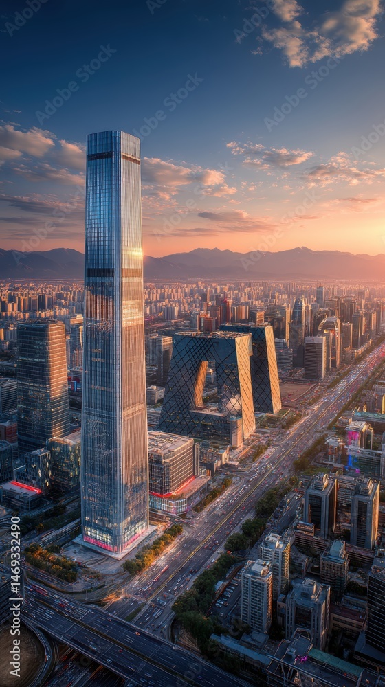 Obraz premium Stunning beijing cityscape at sunset modern skyscrapers and city roads view asia park china urban