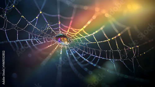 Colorful Glowing Spiderweb With Dewdrops