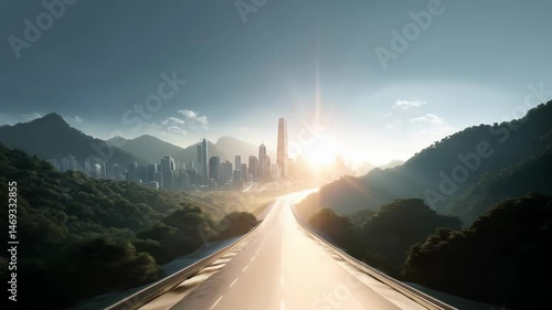 Highway leading to a futuristic city skyline nestled between green hills in the early morning sun