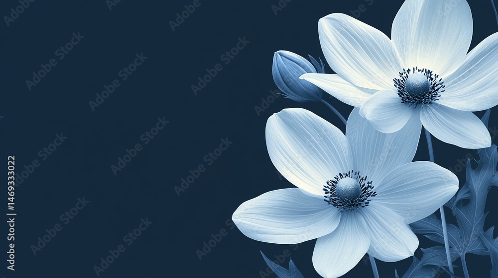 Fototapeta premium Elegant floral arrangement featuring anemone flowers in a monochromatic blue palette