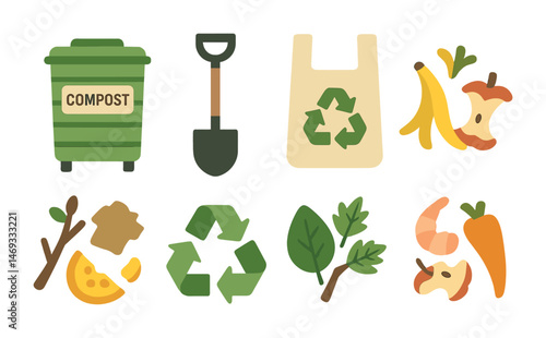 Sustainable living flat icons set – eco-friendly, recycling, composting symbols