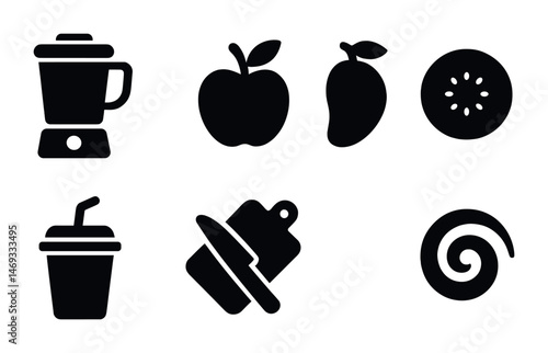 Fruit and kitchen solid icons set – filled, culinary, cooking symbols collection