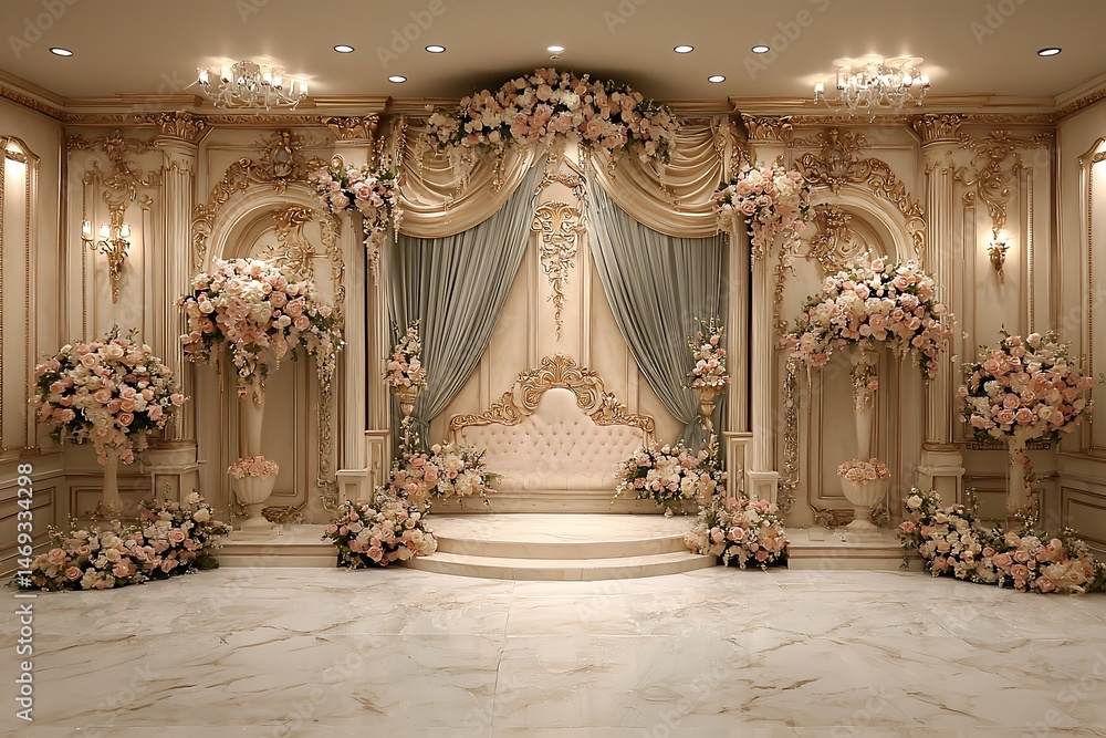 Fototapeta premium Ornate wedding ceremony venue, meticulously decorated.
