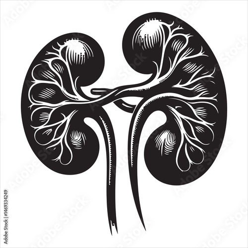Black silhouette of two human kidneys with veins and arteries, anatomically detailed on a white background 