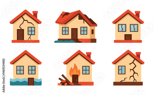 Natural disaster icons set – flat, outline, emergency and damage symbols
