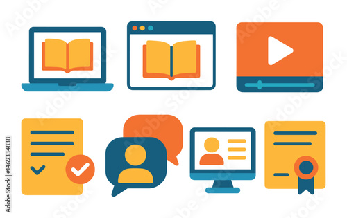 Online learning filled icons set – digital education, e-learning, academic symbols