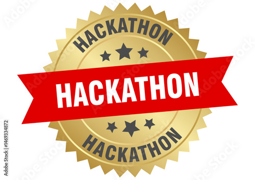 hackathon. hackathon round red and gold label isolated on transparent background