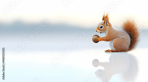 Snowy Squirrel Holding Nut On Frozen Pond