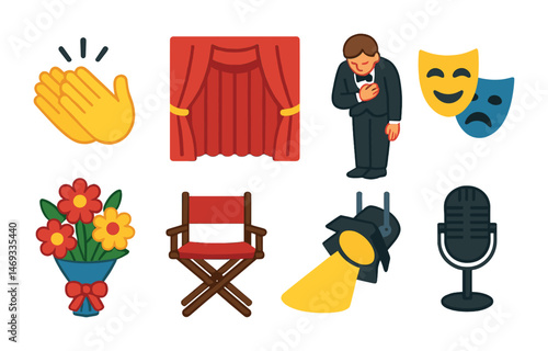 Theater and performing arts flat icons set – stage, drama, entertainment graphics