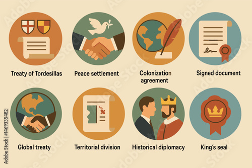 Historical diplomacy flat icons set – global, treaty, peace agreement designs