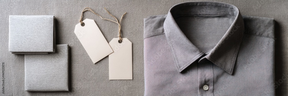 Flatlay of Folded Shirt and Tags on Neutral Fabric Background Showcasing Minimalist Design and Understated Style Generative AI