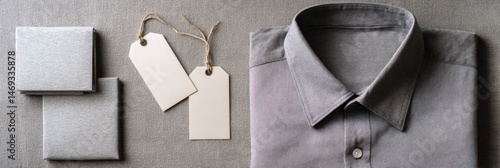 Obraz na płótnie Flatlay of Folded Shirt and Tags on Neutral Fabric Background Showcasing Minimalist Design and Understated Style Generative AI w salonie