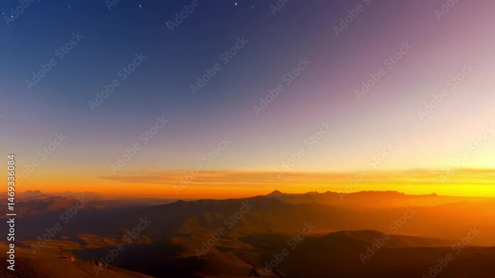 Aerial view flying over stunning mountain ranges at dusk, with golden sunset light casting shadows and the sky shifting to soft hues of orange and purple Aerial view flying over stunning mountain ranges at dusk, with golden sunset light casting shadows and the sky shifting to soft hues of orange and purple