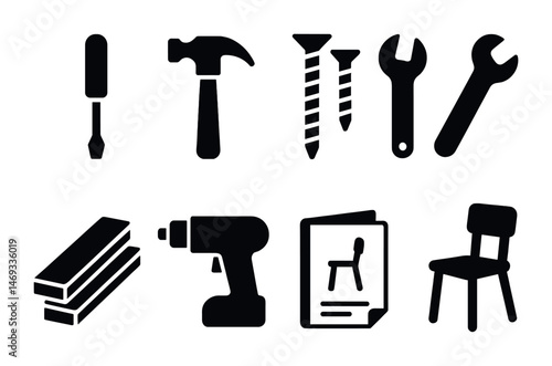 Tools and furniture icons set – solid, silhouette, hardware and assembly symbols