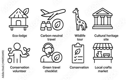 Ecotourism line icons set – linear, outline, sustainability and green travel symbols