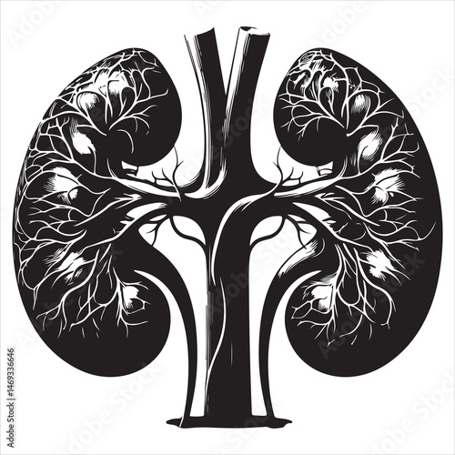 Black silhouette of two human kidneys with veins and arteries, anatomically detailed on a white background 