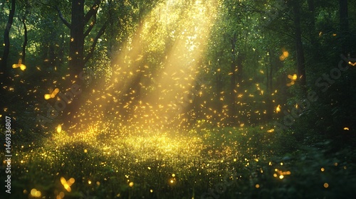 Fototapeta Naklejka Na Ścianę i Meble -  sparkling firefly trails in a misty forest background