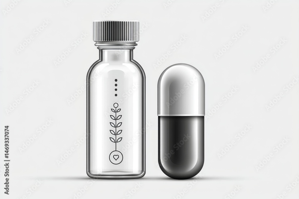 Fototapeta premium A minimal line icon of a vitamin bottle and capsule