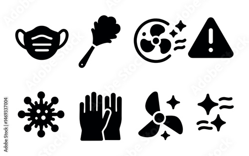 Cleaning and sanitation solid icons set – hygiene, safety, health symbols