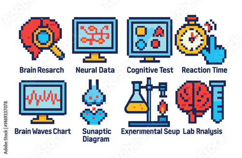 Science and research pixel art icons set – lab, data, and analysis symbols