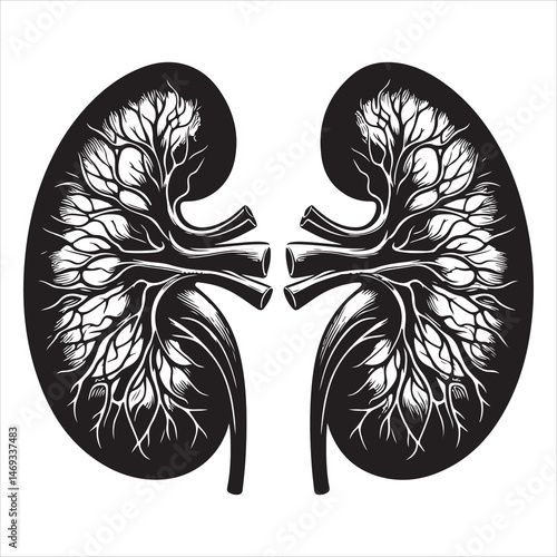 Black silhouette of two human kidneys with veins and arteries, anatomically detailed on a white background 
