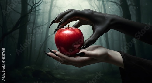 Witch's Deadly Apple in Fairytale Setting
