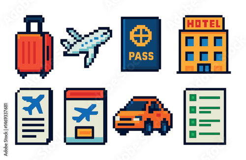 Travel and tourism pixel art icons set – vacation, trip, holiday graphics